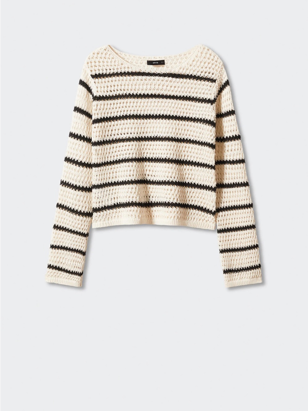 MANGO Striped Open-Knit Crewneck Sweater